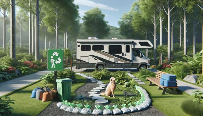 RV at campsite, owner using biodegradable bags to clean up after dog, disposing into portable container amidst greenery.