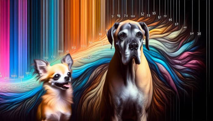 Dogs Age Seven Years Per Human Year: Chihuahua and Great Dane side by side, showing aging differences on a timeline.