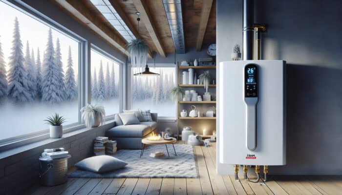 Tankless Water Heaters Services in Chilliwack: A modern tankless water heater with smart controls in a cozy Canadian basement, showcasing a snowy winter landscape through frosted windows.