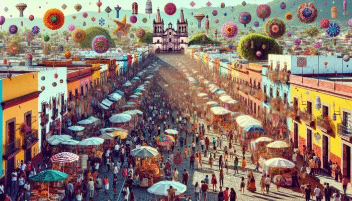 A lively San Miguel de Allende street during Día de los Muertos, bustling with tourists and markets selling traditional items at elevated prices.