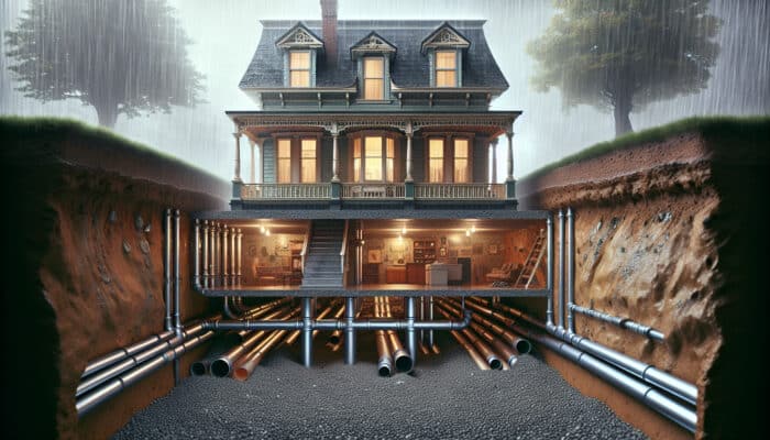 Cross-section of a crawl space under a Victorian house in rainy Vancouver, with pipes and gravel diverting water to prevent moisture buildup.