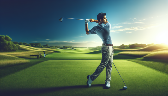 Golfer executing a fade shot with open stance and neutral grip on a green course under a clear blue sky.