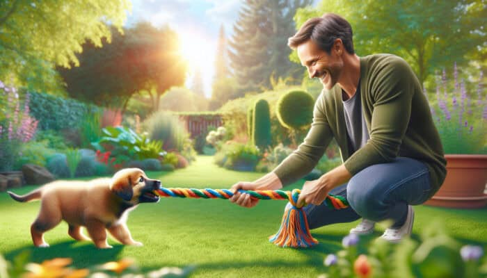 Tug-of-War Rules for Puppies: A joyful puppy and owner playing tug-of-war with a vibrant rope toy in a sunny backyard.
