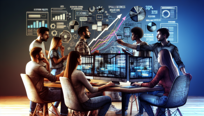 Collaborative team of web designers in a modern Poole office working on a restaurant website redesign, analyzing screens and a 30% inquiry graph.