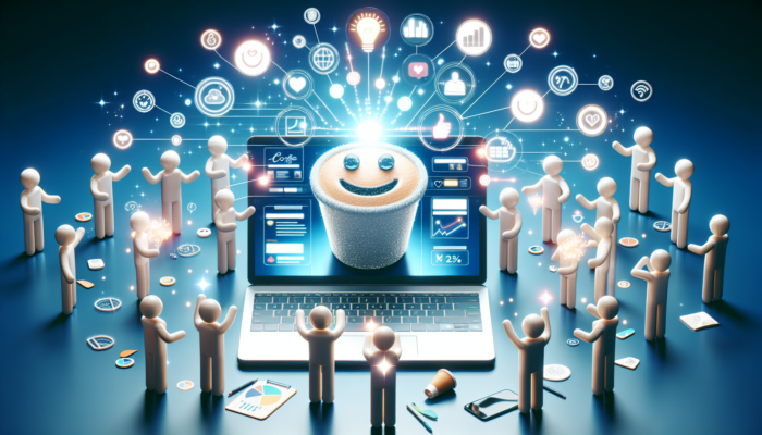 Modern website for a Poole coffee shop on a laptop, featuring interactive menus, engaging blog posts, and happy users sharing on social media.