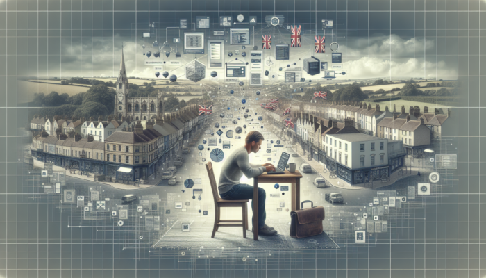 Web Development in Beaminster for Small Businesses: A small business owner in Beaminster codes a website on a laptop at a desk, surrounded by local landmarks, digital tools, and UK flags.