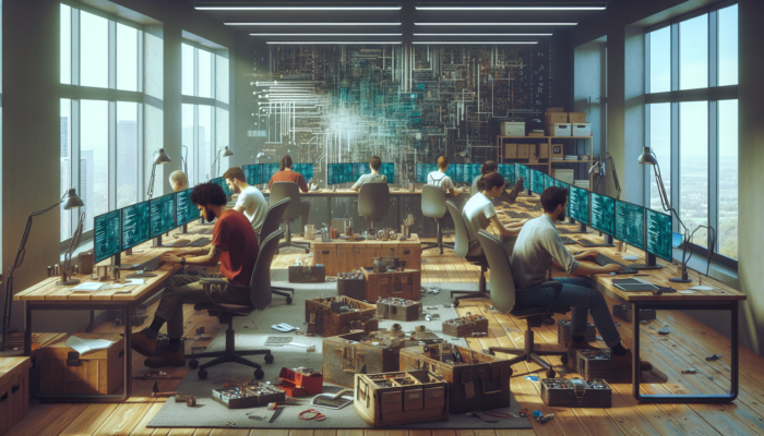 Beaminster developers huddle around glitchy website screens, dodging shadowy mazes for unclear goals and rusting tools for neglected maintenance.